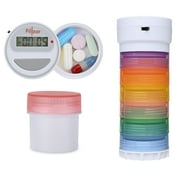 Portable Stackable Pill Organizer and Timer Cap with 14 Countdown Alarm presets. with 1 Timer, 6 Small Stackable Containers, 1 Large Container, and 2 Magnetic Adapters. Travel Friendly.