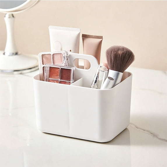 Portable Stackable Plastic Divided Storage Caddy with Handle, 4-Compartment Makeup Stationery Toiletry Organizer Bin, 1-Piece