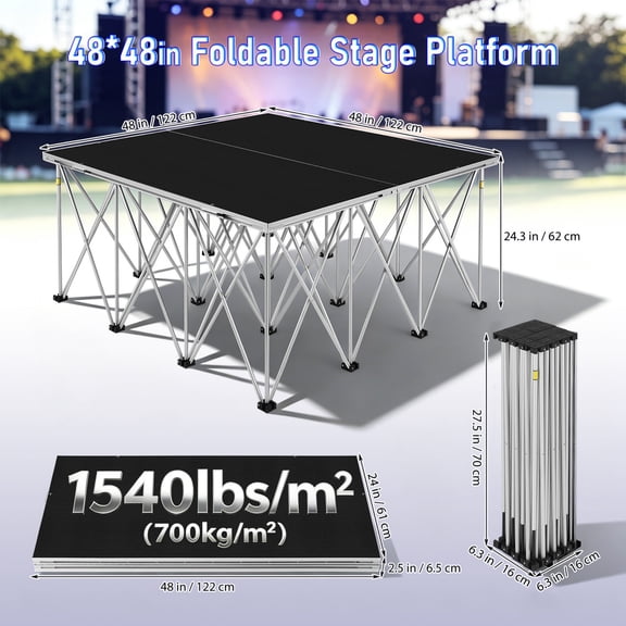 Portable Stage, 4'x4' Folding Portable Stage Platform with Height 24", Up to 1540LBS for Performances at School Auditoriums Concerts Restaurants