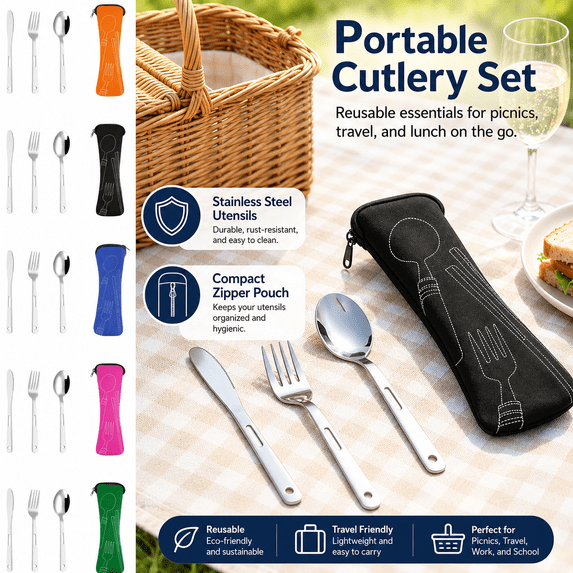 Portable Stainless Steel Cutlery Set with Knife, Fork, Spoon and Chopsticks, Reusable Travel Flatware in Cloth Bag for Camping, Hiking, School, Office, Picnic, Lunch and Daily Use, Green