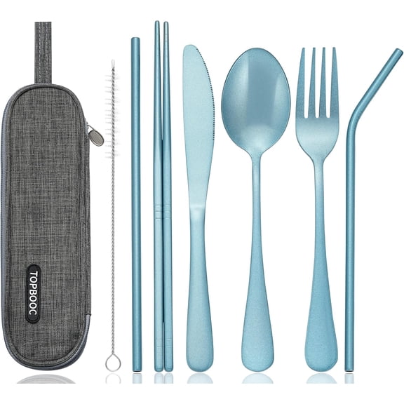 Portable Stainless Steel Flatware Set, Travel Camping Cutlery Set, Portable Utensil Travel Silverware Dinnerware Set with a Waterproof Case (Light Blue)