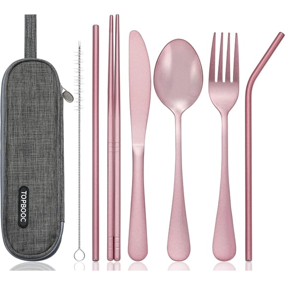 Portable Stainless Steel Flatware Set, Travel Camping Cutlery Set, Portable Utensil Travel Silverware Dinnerware Set with a Waterproof Case (Pink)