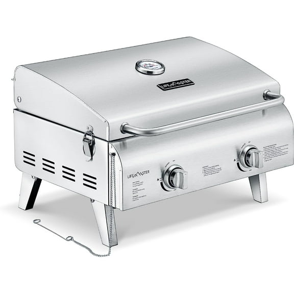 Portable Stainless Steel Gas Grill - 2 Burners Easy Clean Tabletop BBQ Propane Gas Grill with Foldable Legs and Wind Proof Lid for Camping and Outdoor - Silver