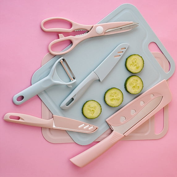 Portable Stainless Steel Kitchen Knife Set with Chopping Board, Fruit Knife, Paring Knife, Scissors & Storage Case, Easy Clean, Hanging Hook, for Home or Travel, Pink/Blue