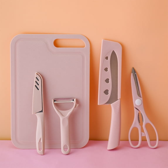 Portable Stainless Steel Kitchen Knife Set with Chopping Board, Fruit Knife, Paring Knife, Scissors & Storage Case, Easy Clean, Hanging Hook, for Home or Travel, Pink/Blue