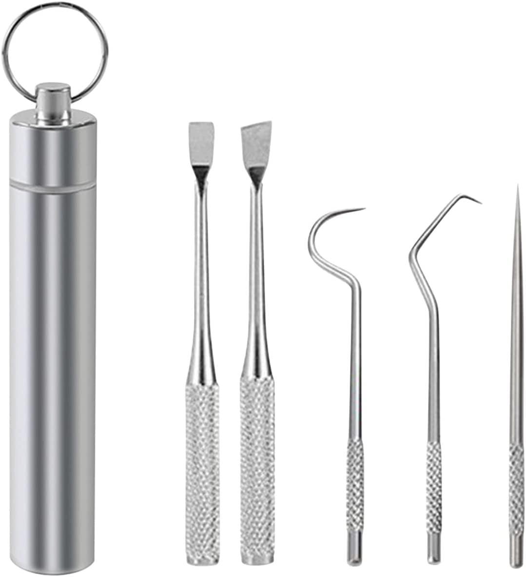 Portable Stainless Steel Pocket Set Reusable Metal Toothpicks, 304 Metal Tooth Scraper Dental Picks Hooks Cleaning Kit with Toothpicks Holder for Outdoor Camping Traveling (5PC)