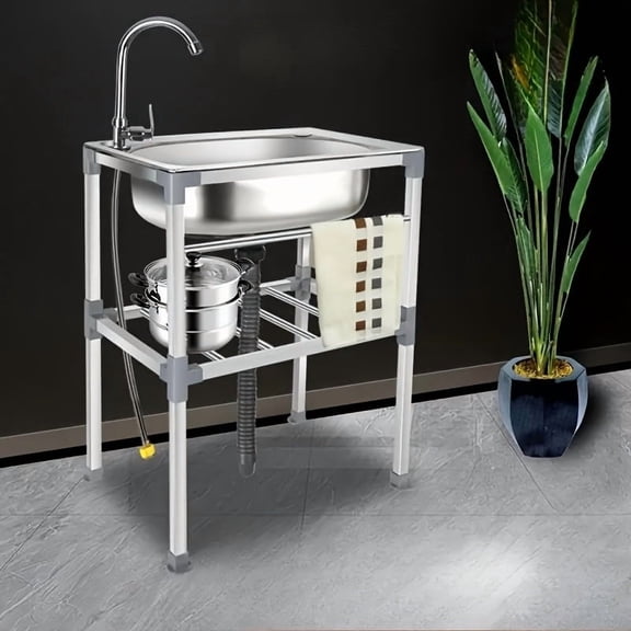 Portable Stainless Steel Single Bowl Sink with Faucet, Detachable Utility Sink for Indoor Outdoor Kitchen Laundry Workshop