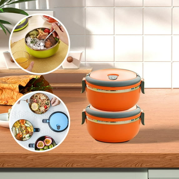 Portable Stainless Steel Thermal Lunch Box,Round Leakproof Insulated Bento Box,Reusable Stackable Vacuum Food Flask for Picnic Travel Kitchen Office Worker