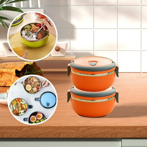 Portable Stainless Steel Thermal Lunch Box,Round Leakproof Insulated Bento Box,Reusable Stackable Vacuum Food Flask for Picnic Travel Kitchen Office Worker