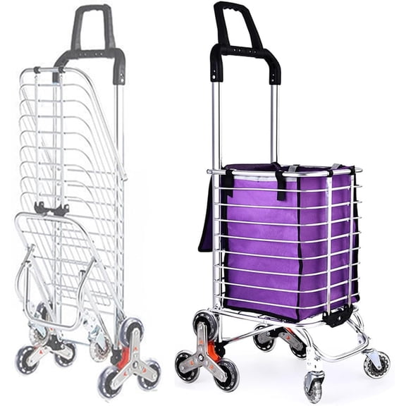 Portable Stair Climbing Shopping Cart for Groceries & Hand cart 2-in-1, Lightweight Small Utility Cart with Waterproof Liner, Elastic Cord for Luggage,Laundry,Camping,Transport,Silver,35L