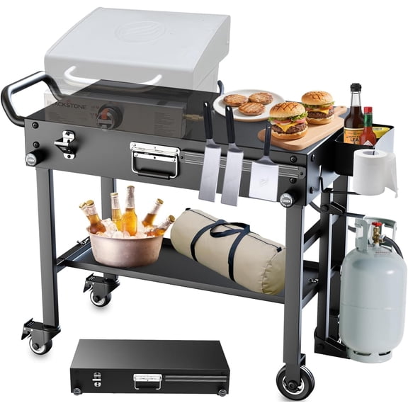 Portable Stand for Blackstone 17 & 22 Inch Griddle - Sturdy Outdoor Grill Table for Ooni Pizza Oven, Ninja Woodfire Grills, Foldable Grill Cart w/Wheels, Gas Tank Mount & Storage Shelf