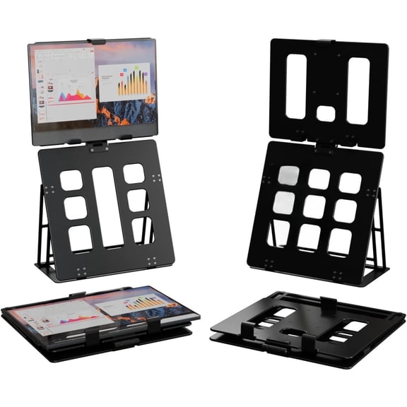 Portable  Stand, iPad & Tablet Holder, clamp Retention, Foldable, mountable Small Desk, Supports 7.75 inch to 10.75 inch Screen Width, Travel with Laptop, Black