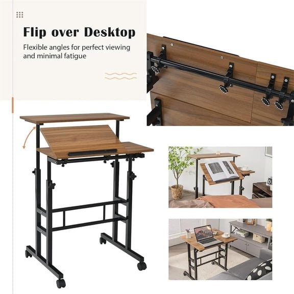 Portable Standing Desk Adjustable Height 26.4"-61", Mobile Computer Desk with Wheels, Tiltable Top & CPU Stand, Rolling Laptop Table Cart for Home Office, Dark Walnut