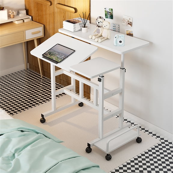 Portable Standing Desk Adjustable Height 26.4"-61", Mobile Computer Desk with Wheels, Tiltable Top & CPU Stand, Rolling Laptop Table Cart for Home Office, White