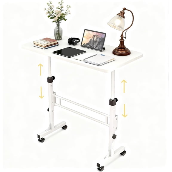 Portable Standing Desk with Lockable Wheels, Adjustable Height 27.5"-43.3", Small Rolling Laptop Desk for Home Office, Mobile Sit Stand Computer Table, White