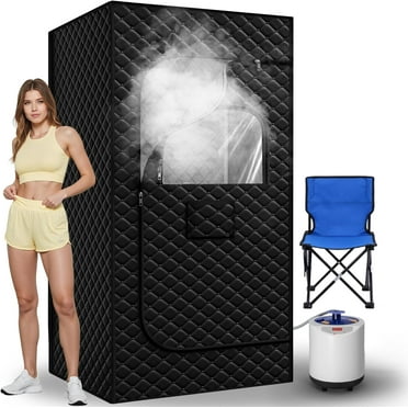 Portable Steam Sauna, Fast Heating Foldable Sauna for Home, Sauna Box for Indoor Dry Sauna Spa, Personal Sauna with Remote Control, Folding Chair and Carpet, (Satin Cotton, Black)