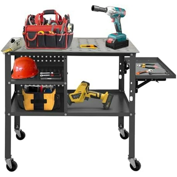 Portable Steel Welding Table, 36"x24" Welding Workbench Table 1200lbs on Wheels, 5/8-inch Fixture Holes Welding Table Portable Work Bench, Welding Cart with Foldable Tool Tray, Side Pegboard