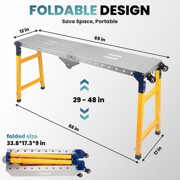 Portable Steel Work Platform 651229-48 in, 1100 lbs Load Capacity Foldable Standing Workbench with Adjustable Height & Lockable Casters for Home Repair, Painting, Cleaning & DIY Projects