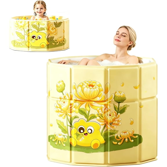 Portable Step-In Round Bathtub for Adults No Installation 27.5"L x 26.7"H Foldable Soaking Bath Tub for Shower Stall, Cold Plunge Collapsible Hot Ice Home SPA Tub
