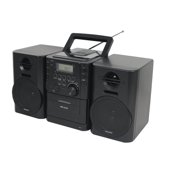 Portable Stereo System with Cassette/ Recorder, Top loading CD Player, AM FM Radio, Headphone Jack, AUX, Detachable Speakers, AC & Battery Operated- Boombox with Bass Boost for Home, Indoor & Outdoor