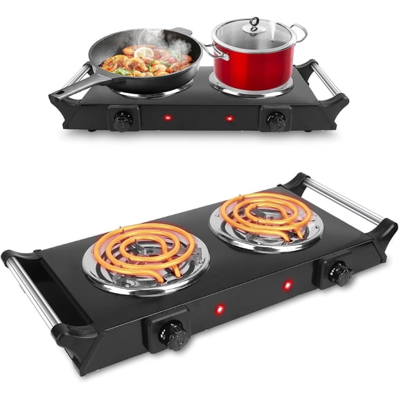 Portable Stove Electric, 2000W Double Burner Electric Cooktop with Coil Hot Plate & Stay Cool Handles, 5 Level Temperature Control, Cooking for Home RV Camping