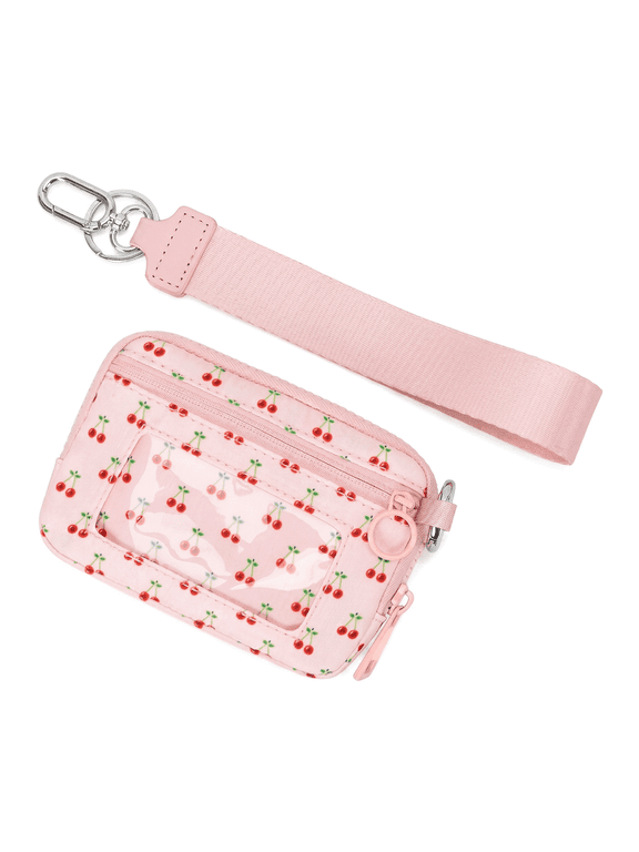 Portable Strawberry And Cherrys Pattern Wallet,Wristlet Handbags for Women, Waterproof Nylon Keychain Wallet, Zip Card Case with ID Window