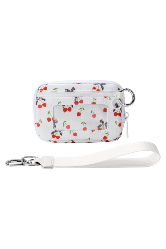 Portable Strawberry And Cherrys Pattern Wallet,Wristlet Handbags for Women, Waterproof Nylon Keychain Wallet, Zip Card Case with ID Window