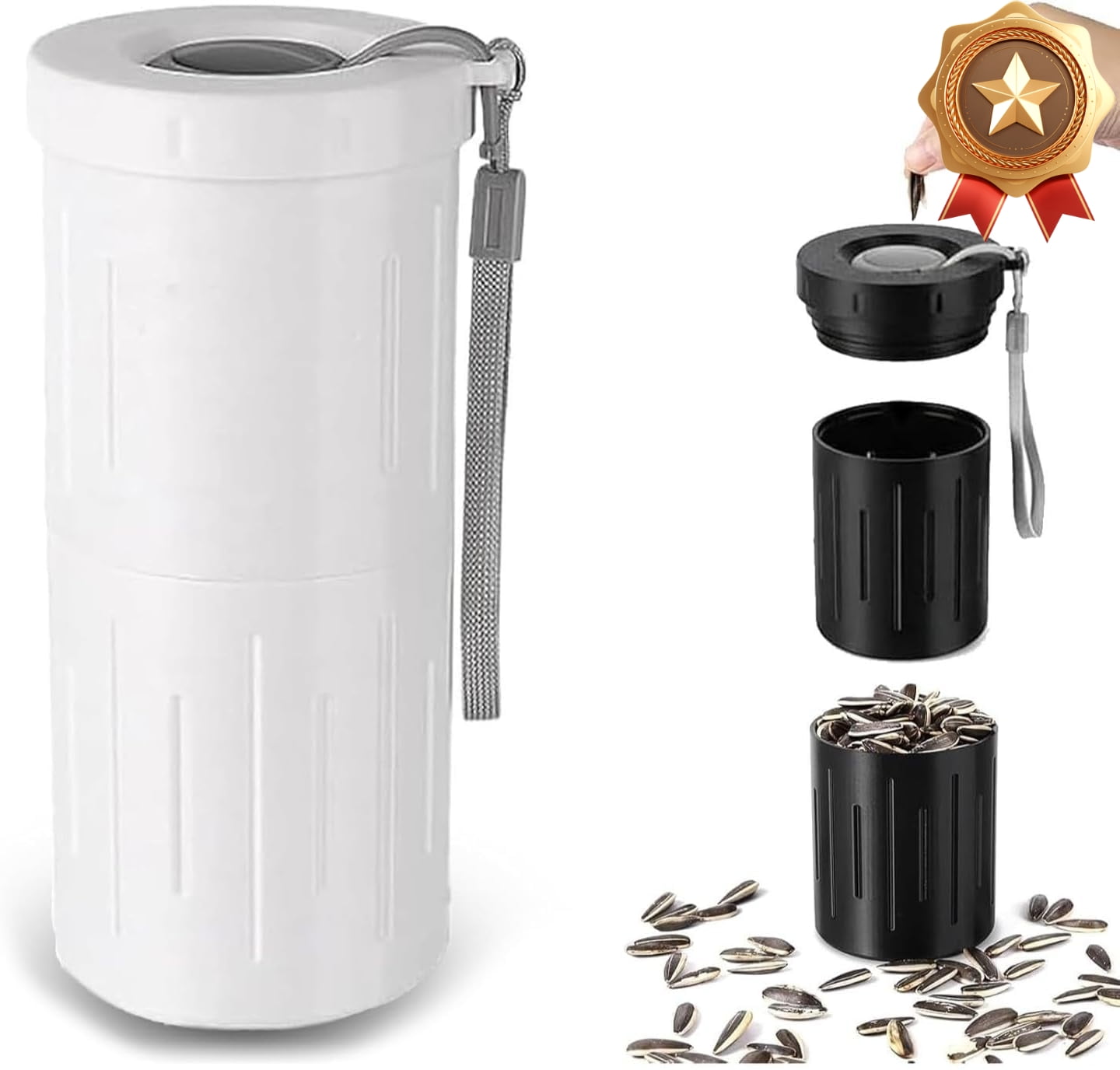 Portable Sunflower Seed Spit Cup with Shell Storage, 3D Printed Compartment Snack Container for Pistachios & Seeds, Mess-Free Snacking for Car, Travel, Baseball Games (White)
