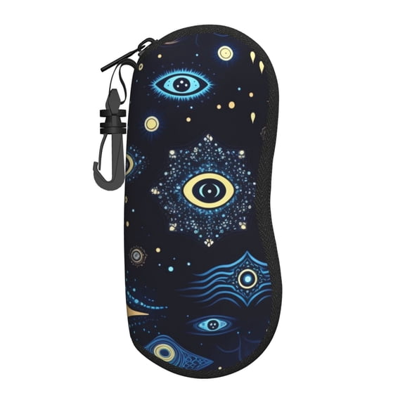 Portable Sunglasses Case, Zippered Soft Eyeglass Pouch with Carabiner Clip for Travel, Cool Magic Evil Eyes