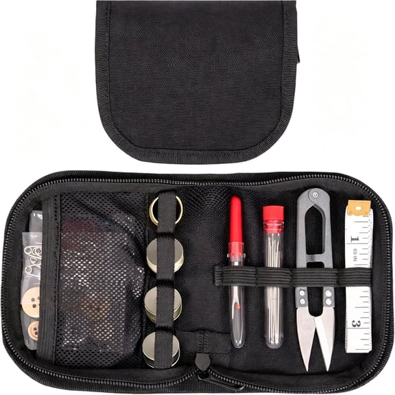 Portable Survival Sewing Kit, Zipper Nylon Case Sew Tools with Buttons, Basic Repair Kit for Home Outdoor Tactical EDC, Black 1 Pack