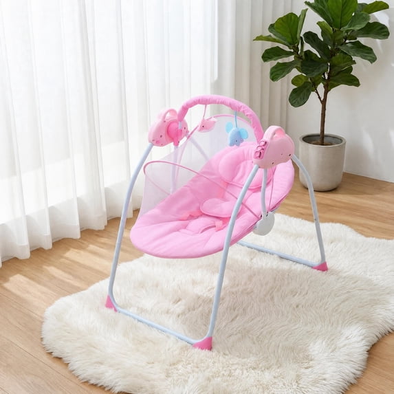 SIMANLI Electric Baby Swing with Bluetooth, Remote, Toys, 4-Speed Adjustable Infant Swing, Auto Rocking, for Newborns to Toddlers, Pink