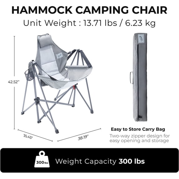 Portable Swing Hammock Chair | Foldable Recliner Rocking Lounger with Headrest & Drink Holder | Outdoor Sports, Beach, Lawn, Hunting, Tailgating, Fishing | Supports 300Lbs (Grey)