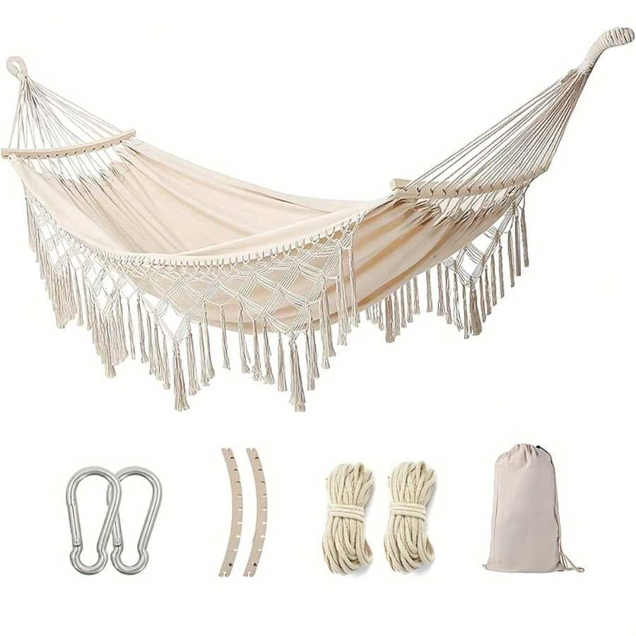Portable Swing Hammock Made Of Hand- Rope. Thickened And Widened Double Canvas Hammock With Anti-Slip Design, White Bohemian Tassels. Ideal For Outdoor Patios And Camping