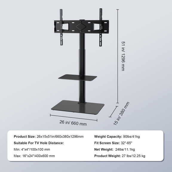 Portable Swivel TV Stand for 32-65" TVs, Height Adjustable Floor TV Mount with Sturdy Glass Base