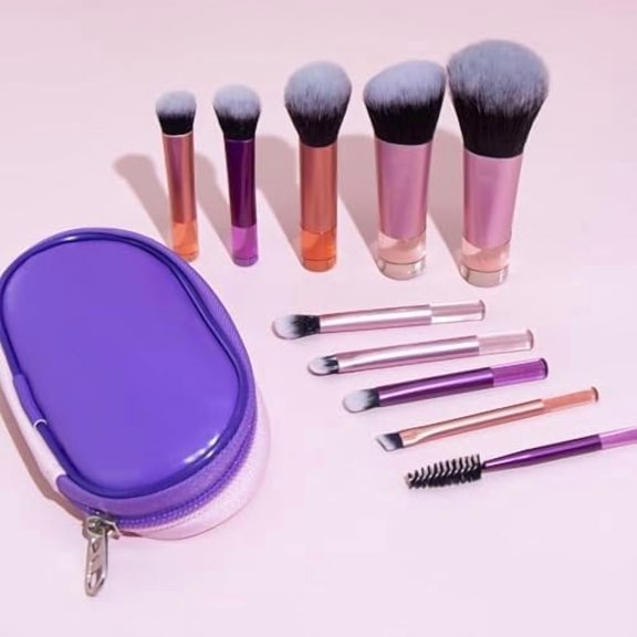 Portable THE GO Makeup Brush Set, 10 count Easy-taken Mini Full Complete Function Brushes Kit with Brush Pouch (colorful)