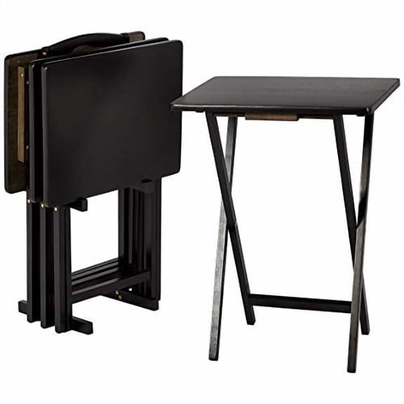 Portable TV Dinner 4-Piece Rectangular Folding Tray Table with Storage Rack, Black, 15in x 19in x 26in