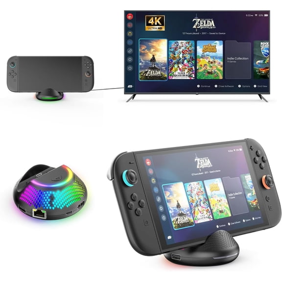 Portable TV Docking Station Compatible with Switch 2,Support 1000Mbps Ethernet LAN Port/4K HDMI Output/with RGB Lighting, Replacement for Official Switch 2 Dock(Need Firmware Upgrade)