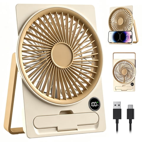 Portable Table Fan Battery Rechargeable,Strong Wind Ultra Quiet Small Desk Fan with 180°Tilt Folding and 6 Speeds Adjustable,USB-C Corded Powered USB Travel Fan for Office Desktop Bedroom - Beige