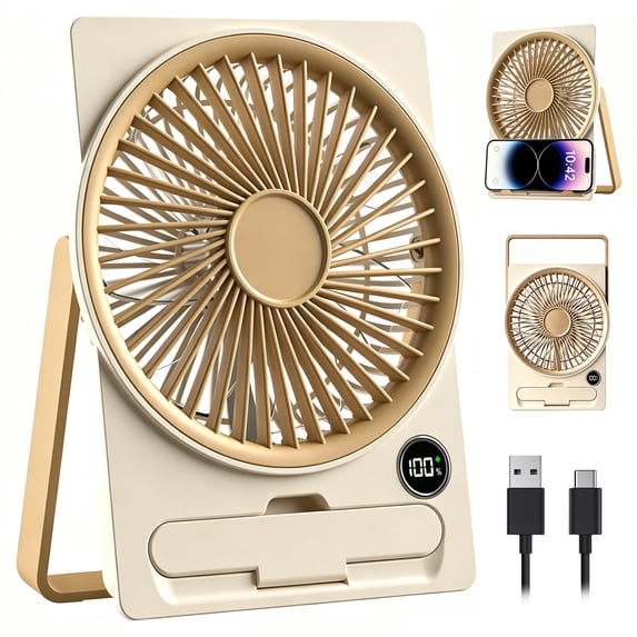 Portable Table Fan Battery Rechargeable,Strong Wind Ultra Quiet Small Desk Fan with 180°Tilt Folding and 6 Speeds Adjustable,USB-C Corded Powered USB Travel Fan for Office Desktop Bedroom - Beige