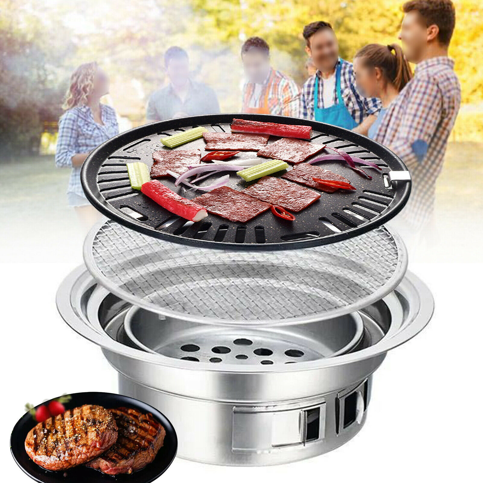 Portable Table Grill, Korean Style BBQ Grill Stainless Steel BBQ Grill Stove Outdoor Camping Cooker Charcoal Grill BBQ Round Barbecue Grill Indoor&Outdoor Grill BBQ - image 1 of 9