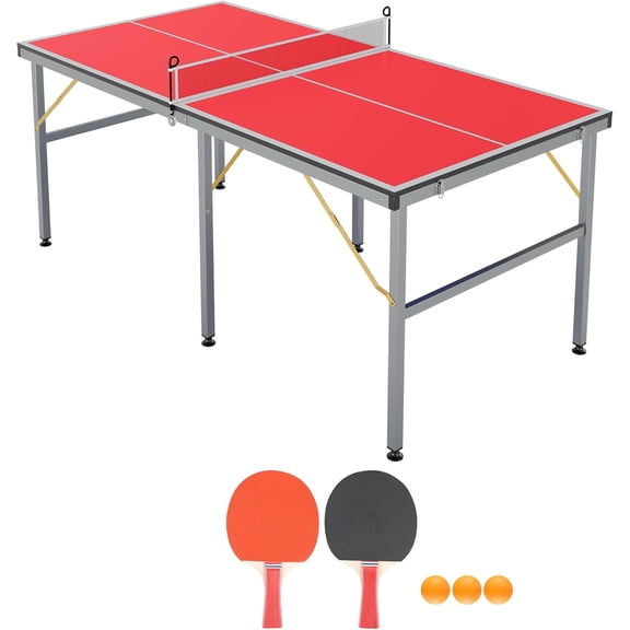 Portable Table Tennis Table - 6 x 3 FT Indoor Outdoor Ping Pong Set with Net Two Paddles and Three Balls