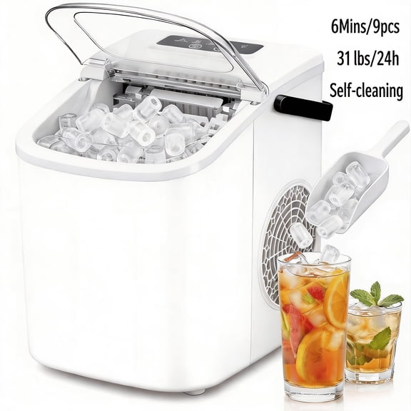 Portable Tabletop Bullet Ice Maker, 31 Lbs/Day, Self-Cleaning, with Ice Basket & Scoop, for Home Camping RV Party