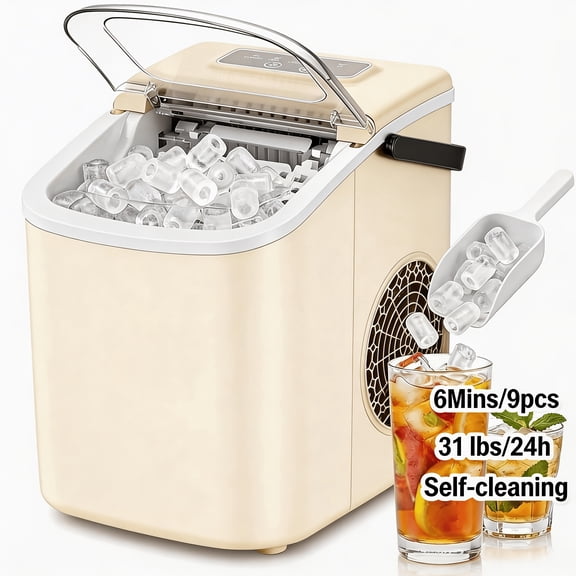Portable Tabletop Bullet Ice Maker, 31 Lbs/Day, Self-Cleaning, with Ice Basket & Scoop, for Home Camping RV Party