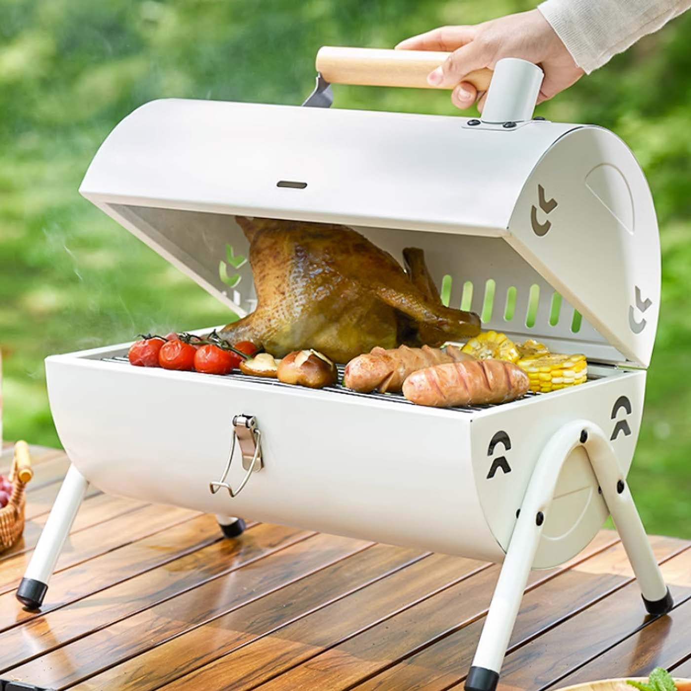 Portable Tabletop Charcoal BBQ Grill Double Baffle Cast Iron Outdoor