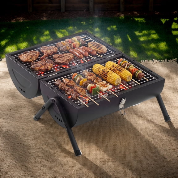 Portable Tabletop Charcoal Grill, Dual Side BBQ Stove for Outdoor Camping & Backyard Parties, Black