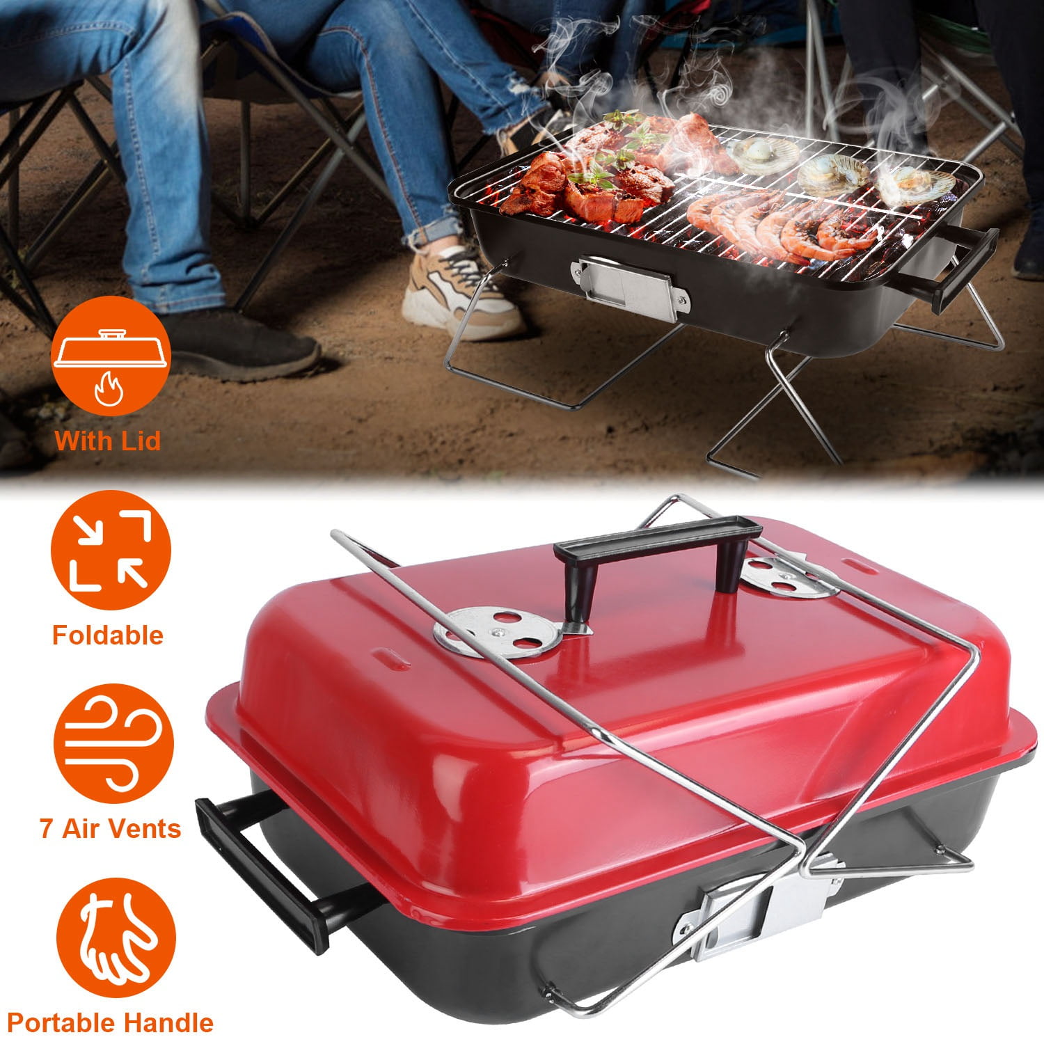 Portable Tabletop Charcoal Grill with Lid, Compact Suitcase Style Folding BBQ Smoker for Outdoor Backyard Camping, Tailgating Beach Trip Picnic & RV, 19.7in Lightweight Red Iron Grill with Air Vents