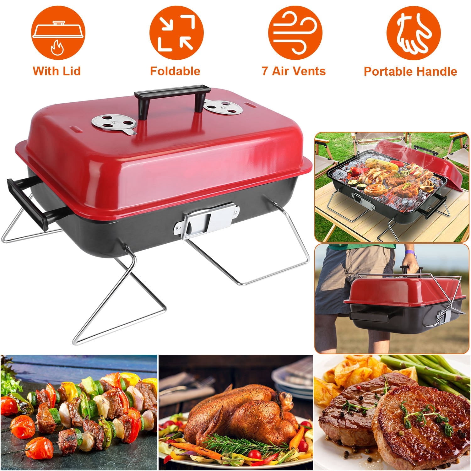 Portable Tabletop Charcoal Grill, Small Folding BBQ Grill with Lid & Carry Handle, 7 Air Vents for Heat Control, Perfect for Camping, Picnics, Beach, Backyard, & Tailgating, Red