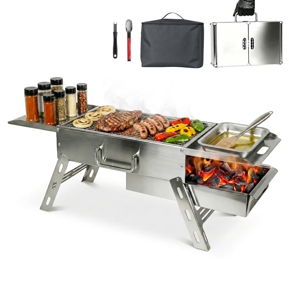 Portable Tabletop Charcoal Grill Stainless Steel Mini BBQ with Carry Bag