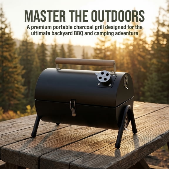 Portable Tabletop Charcoal Grill with Wooden Handle, Mini Outdoor BBQ Grill for Camping, Picnic, Backyard Cooking