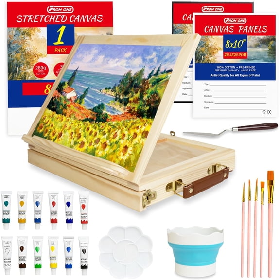 Portable Tabletop Easel Set 24-Piece Acrylic Paints Brushes Canvases | Non-toxic 12 acrylic paints, brushes, canvases & boards, travel-friendly wooden art kit for beginners